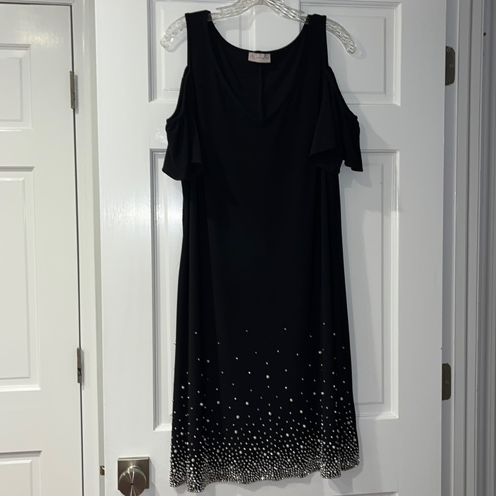 Cold shoulder flutter sleeve black dress with rhinestone and pearl detail